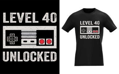 Retro video game controller graphic design for a 40th birthday celebration with text level 40 unlocked