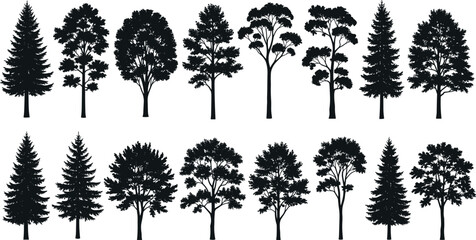 Set of Diverse Tree Silhouettes for Nature, Landscape, Forest, Park, Garden, Botanical, Seasonal, and Environmental Design Illustration Projects