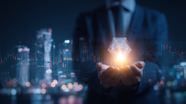 Business Professional Holding Glowing Geometric Shape in Futuristic Cityscape
