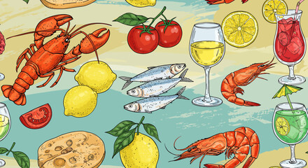 Hand drawn seamless pattern of seafood and drinks, a vibrant summer illustration