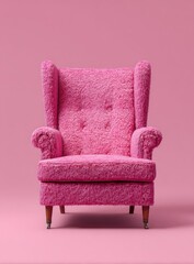 A fluffy pink armchair with high back and wooden legs, centered on a matching background
