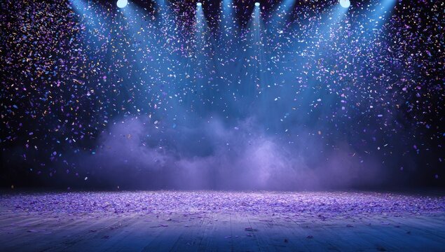 A stage lit by spotlights with falling confetti and purple fog, ready for a show