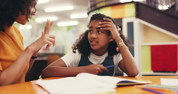 Math, tutor and child with counting in library for evaluation, SLD support and remedial education. Books, mentor or girl kid with learning disability at school for homework help, confused or guidance