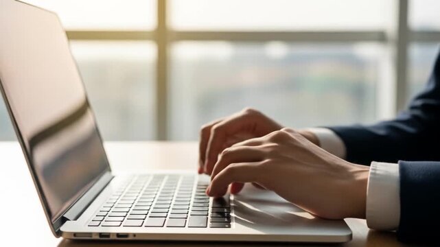 Man in Suit Typing on Laptop Keyboard Near Window, Office Work in Progress