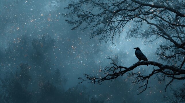 Mysterious raven perched on a bare branch under a starry, magical sky with glowing embers floating gently down