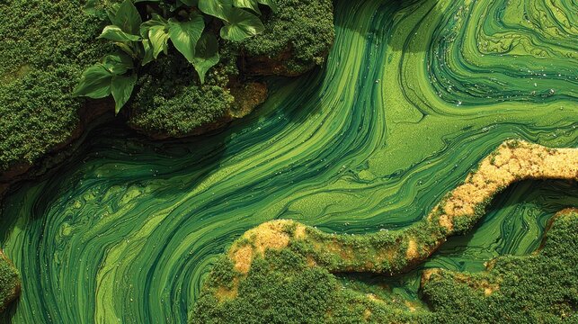 Vibrant green algae bloom swirls in a tranquil pond creating stunning organic abstract patterns with lush foliage above