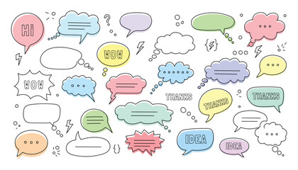 Collection of colorful speech bubbles and thought clouds with various text and symbols