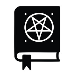 Vector art of a black icon of an open book with a pentagram symbol inside a circle on its pages, isolated on a, representing occult or witchcraft knowledge