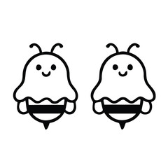 Vector art of two cute cartoon bees with smiles and antennae, , simple line art, black and white, suitable for childrens illustrations or design elements