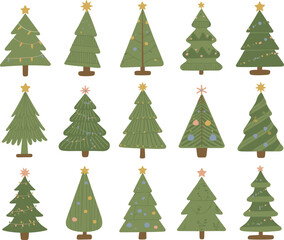 Hand drawn Christmas trees set, festive holiday tree illustrations with ornaments, garlands and stars, winter celebration decoration clipart for seasonal design