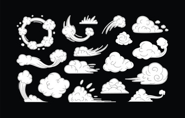 Hand drawn smoke and cloud doodles, cartoon explosion puffs, wind and dust sketch elements, comic style vapor illustrations for design and decoration