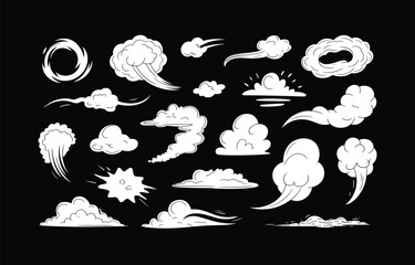Hand drawn cloud doodles set, sketch sky elements, cartoon weather icons, fluffy clouds illustrations, wind and sky drawing collection for design decoration