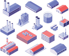 Isometric factory building set, industrial plant illustrations, warehouse and production facilities, manufacturing industry icons, power plant and storage structures