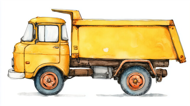 Vintage Yellow Dump Truck Side-View Watercolor Illustration on White Background
