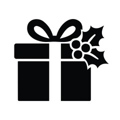 Vector art of black silhouette of a gift box tied with a ribbon and decorated with a holly sprig, , symbolizing presents and holiday cheer