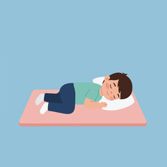 A stylized child sleeps peacefully on a pink mat with a white pillow