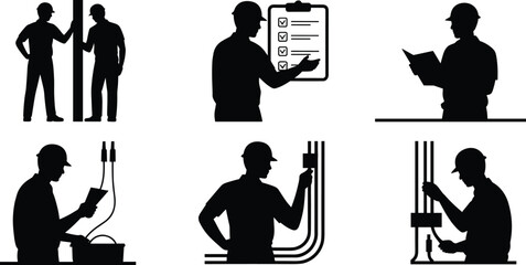 Silhouette of construction engineers and electricians checking plans, reviewing checklist, inspecting site, and installing electrical wiring, symbolizing construction process, project management