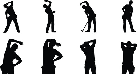 Silhouette of construction workers stretching and warming up before work representing occupational safety, injury prevention, workplace health, ergonomics