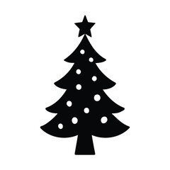 Vector art of a charming black and white silhouette of a decorated christmas tree with baubles and a star on top, isolated on a, ideal for seasonal and festive graphic design projects
