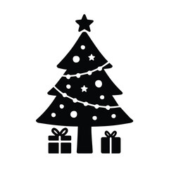 Vector art of a festive black and white silhouette of a decorated christmas tree with presents underneath, isolated on a, perfect for holiday designs and winter themes