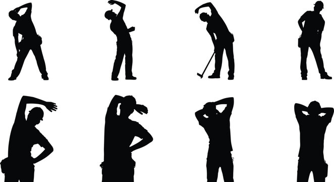 Silhouette of construction workers stretching and warming up before work representing occupational safety, injury prevention, workplace health, ergonomics