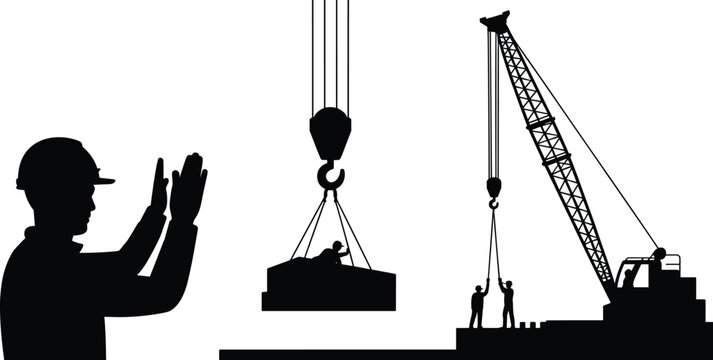 Silhouette of construction workers guiding crane lifting operation with supervisor signaling safety instructions representing teamwork, civil engineering, construction site