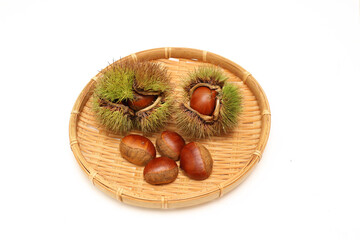 白背景の笊にのせた生栗