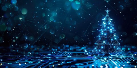 futuristic high tech illustration of glowing Christmas tree made of blue neon lights on dark digital circuit board background with bokeh lights, banner with copy space. fintech, IT business holidays.