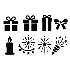 Vector art of assortment of black gift boxes with ribbons, a candle, and fireworks, including a party popper, , ideal for celebration and event graphic elements