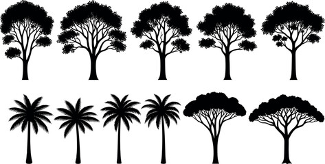 Silhouette collection of tropical and deciduous trees with diverse canopy shapes, perfect for nature, landscape, and botanical design projects