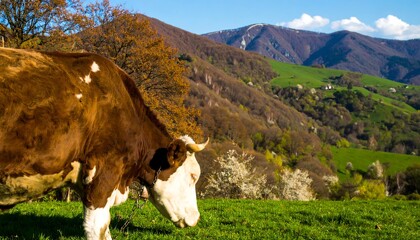 Cow Grazing in a Lush Green Meadow with Mountain Background