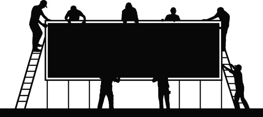 Silhouettes of workers installing billboard with ladders, teamwork construction scene, advertising setup, maintenance, repair, building site project, industrial labor force