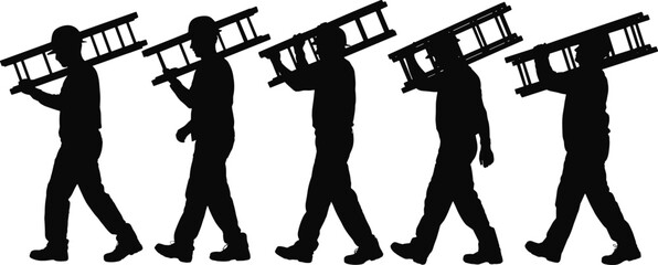 Silhouettes of construction workers carrying ladders, teamwork and labor concept, building site preparation, safety, repair, maintenance, industrial effort