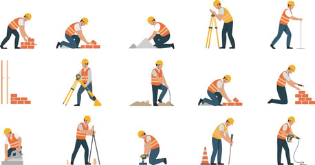 Construction workers illustration set with builders, masons, and engineers using tools, surveying equipment, and laying bricks at building site activities