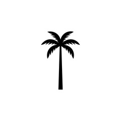 Simple solid black silhouette icon of a tall palm tree, symbolizing tropical travel, beach vacation, summer, exotic locations, and relaxation in a clean vector graphic.