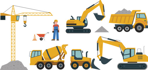 Construction vehicles and worker illustration set with crane, excavator, dump truck, cement mixer, bulldozer, and tools for building site design