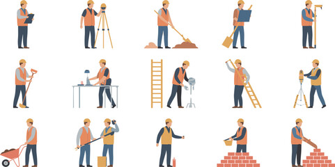 Construction workers illustration set with engineers, builders, surveyors, bricklayers, and laborers using tools and equipment at building site activities