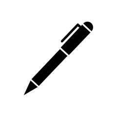 Solid black ballpoint pen icon in a ready-to-write position, symbolizing writing, signature, documentation, education, and office work in a clean vector silhouette.