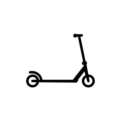 Solid black kick scooter silhouette icon, symbolizing urban transportation, electric mobility, childhood recreation, and city travel in a simple vector graphic.