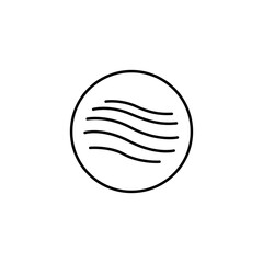 Simple outline icon of four parallel wavy lines inside a circle, symbolizing air flow, freshness, breeze, clean ventilation, and wind in a minimalist vector design.