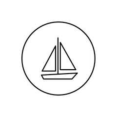 Simple outline icon of a sailboat with a triangular sail inside a circle, symbolizing nautical travel, water sports, adventure, and maritime navigation interface elements.