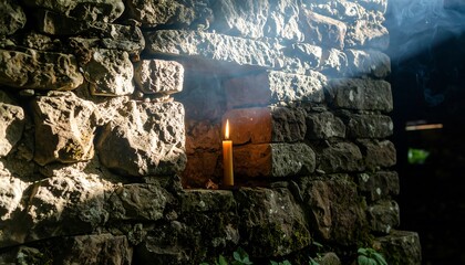 Lit Candle in Stone Wall with Sunlight and Smoke