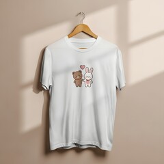 Adorable cartoon bear and rabbit couple holding hands with a heart on a clean white t-shirt mockup hanging on a wall