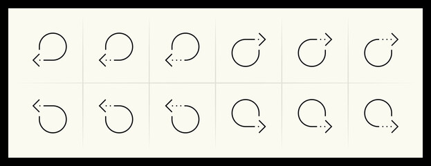 Outline circular and curved arrow icon set. Direction, navigation, downward, reload, clockwise, turn down, turn left, upward and more.
