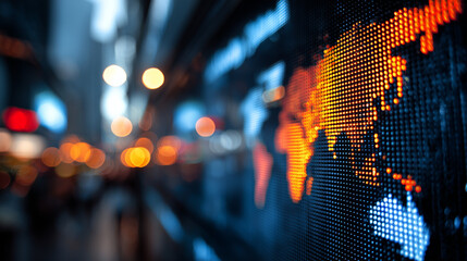 Digital World Map Display with City Lights in Abstract Financial Environment