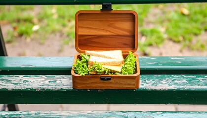 Lunchbox with Sandwich and Lettuce Outdoors on Wooden Bench