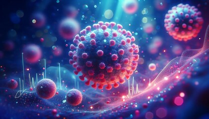 A highly detailed and vibrant depiction of microscopic viruses, featuring numerous spherical particles with spiky protrusions. The viruses float in a surreal, softly blurred blue and purple background