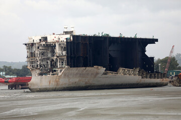 Aerial view of ship breaking yard in Chittagong, Bangladesh, showing large cargo ships dismantled for steel recycling and maritime industry