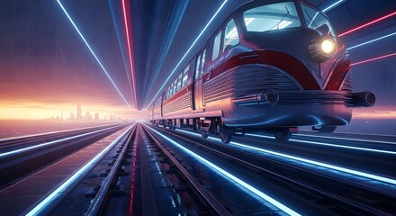 Dynamic vintage-style train speeds through a futuristic tunnel of glowing neon light trails, heading towards a distant cityscape, symbolizing innovation and rapid progress