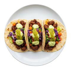 Three Fully Loaded Tacos on a White Plate with Transparent Background Overhead View